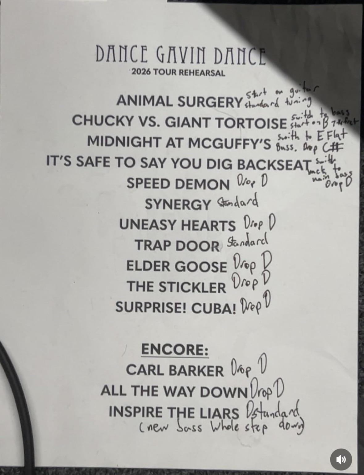 DANCE GAVIN DANCE US Tour 2026 Setlist Playlist