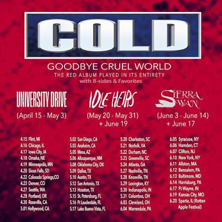COLD Goodbye Cruel World 2026 US Tour Setlist Playlist
