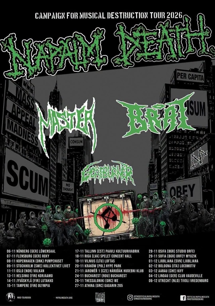 NAPALM DEATH CAMPAIGN FOR MUSICAL DESTRUCTION TOUR TBD 2026 SETLIST PLAYLIST