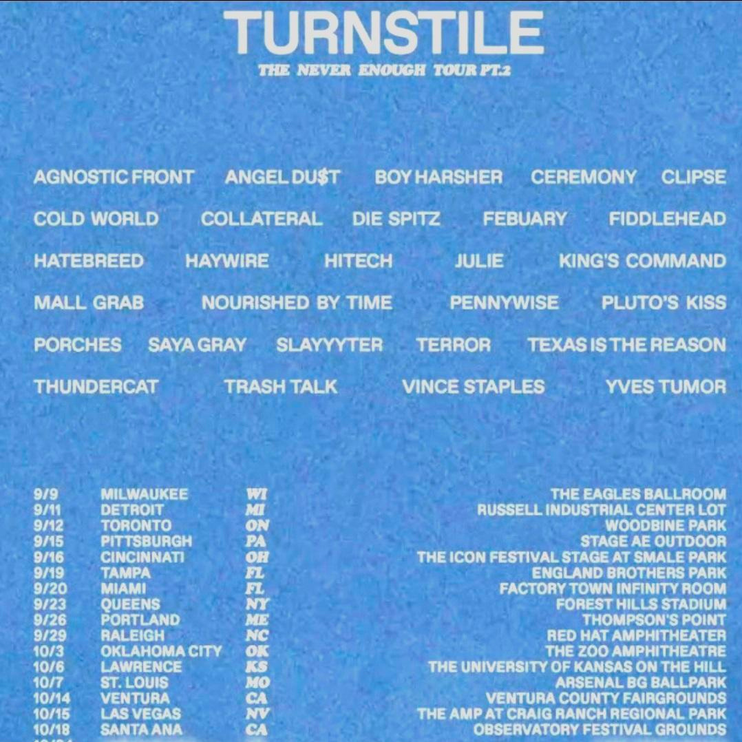 TURNSTILE THE NEVER ENOUGH TOUR PT.2 US 2026 SETLIST PLAYLIST