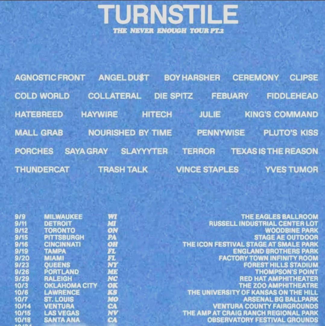 TURNSTILE THE NEVER ENOUGH TOUR PT.2 US 2026 SETLIST PLAYLIST