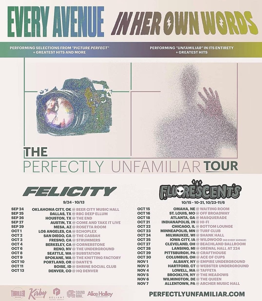 EVERY AVENUE & IN HER OWN WORDS THE PERFECTLY UNFAMILIAR TOUR US 2026 SETLIST PLAYLIST