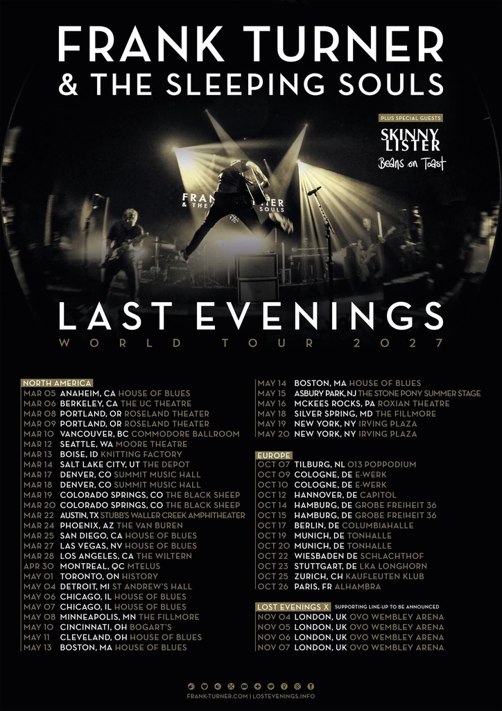 FRANK TURNER & THE SLEEPING SOULS LAST EVENINGS WORLD TOUR 2027 SETLIST PLAYLIST