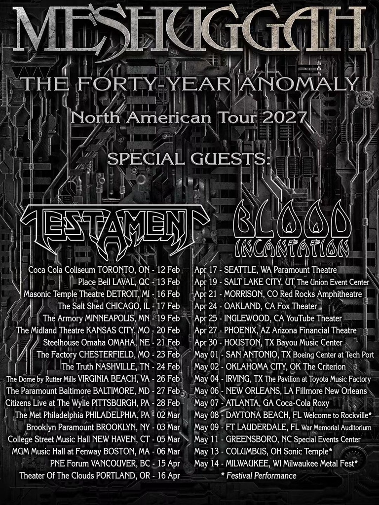 MESHUGGAH THE FORTY-YEAR ANOMALY NORTH AMERICAN TOUR 2027 SETLIST PLAYLIST