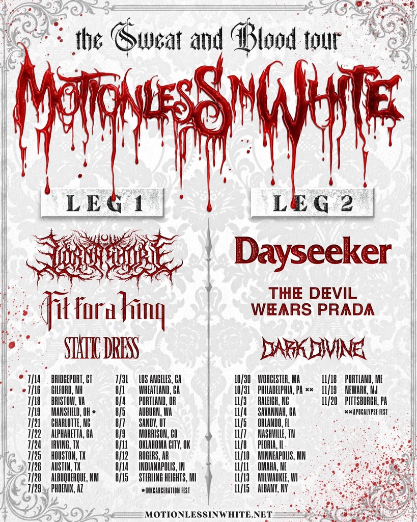 MOTIONLESS IN WHITE  - the Sweat and Blood tour - Leg 1 & 2 US 2026 Setlist Playlist