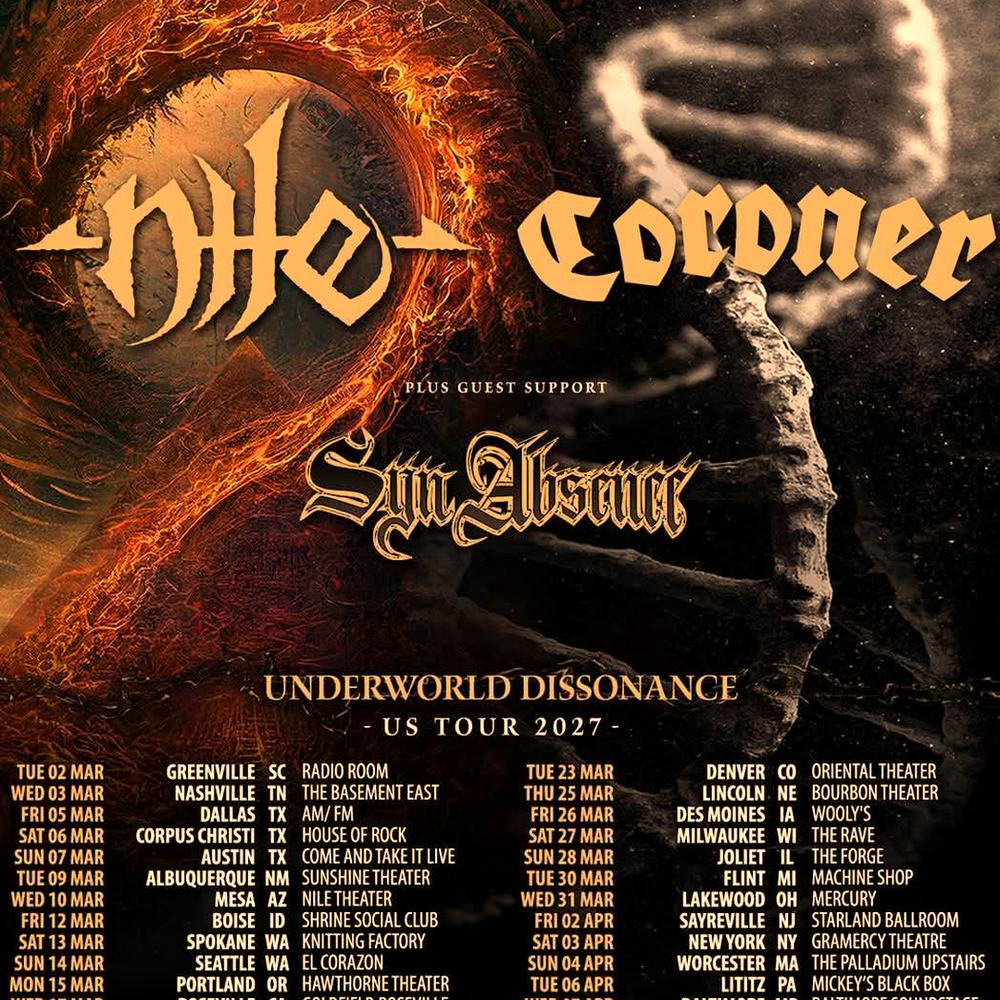 NILE & CORONER UNDERWORLD DISSONANCE US TOUR 2027 SETLIST PLAYLIST