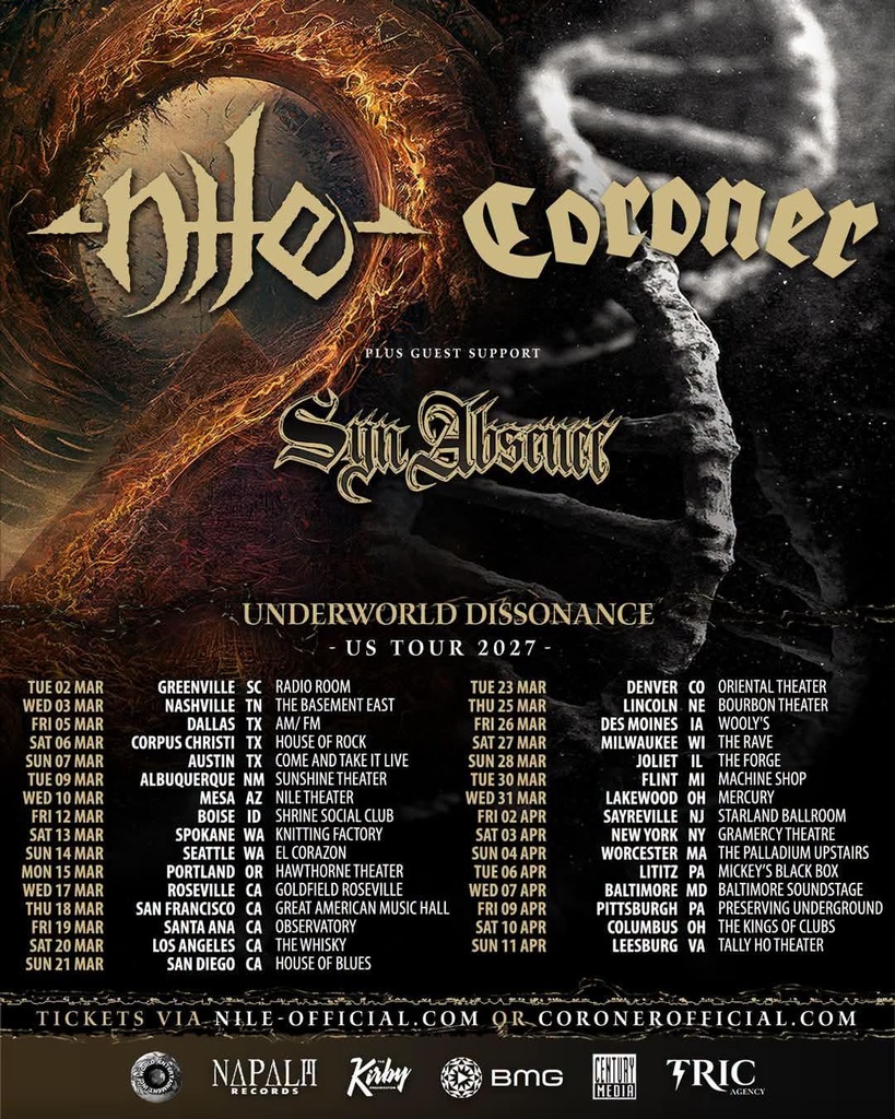 NILE & CORONER UNDERWORLD DISSONANCE US TOUR 2027 SETLIST PLAYLIST