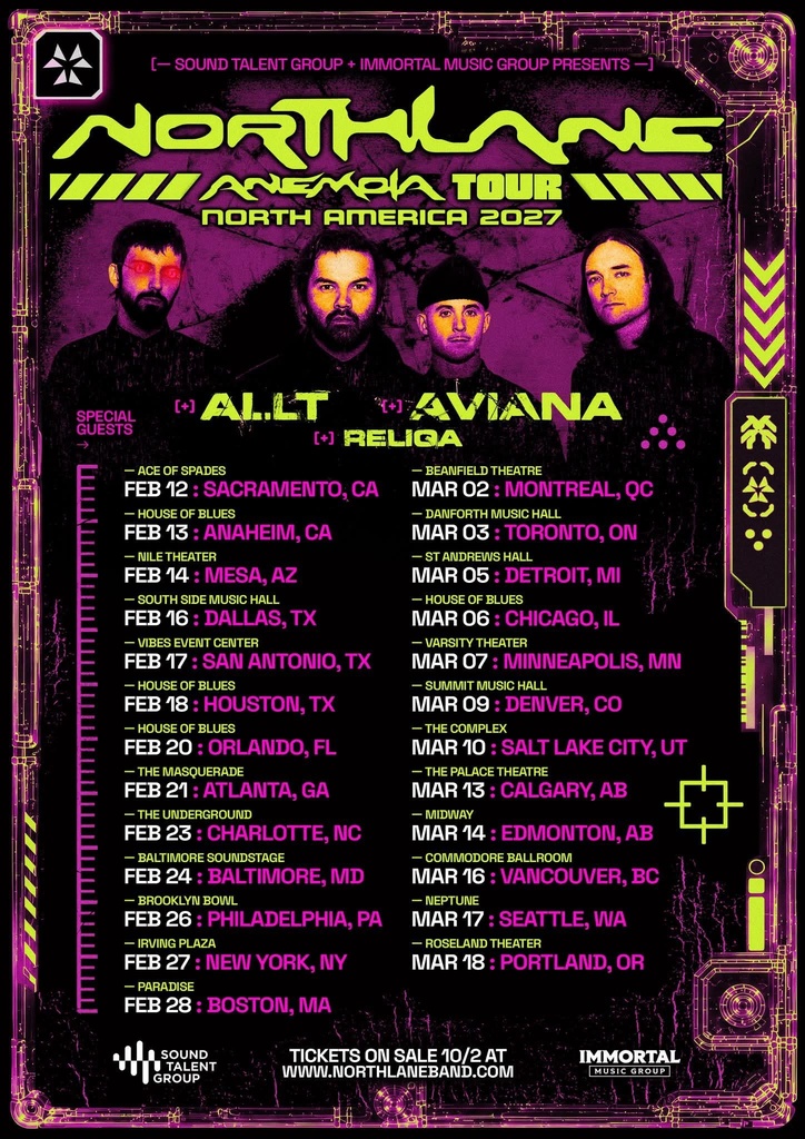 NORTHLANE ANEMOIA TOUR NORTH AMERICA 2027 SETLIST PLAYLIST