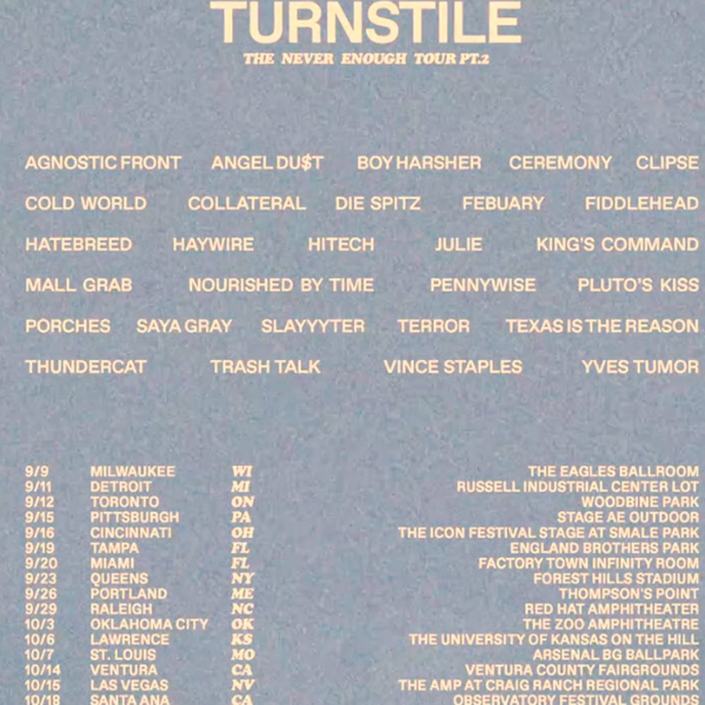 TURNSTILE THE NEVER ENOUGH TOUR PT.2 US 2026 SETLIST PLAYLIST