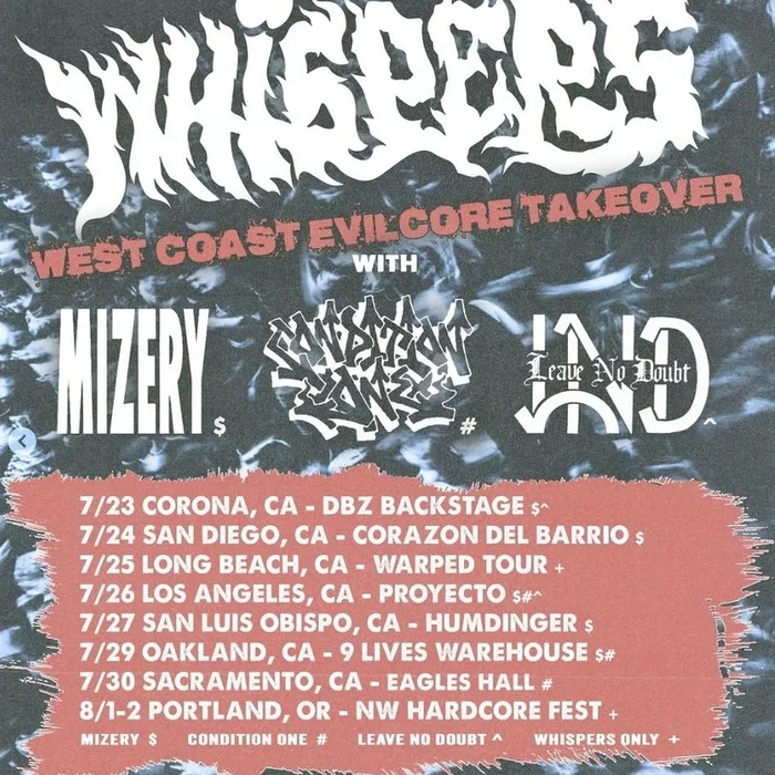 WHISPERS WEST COAST EVILCORE TAKEOVER 2026 SETLIST PLAYLIST