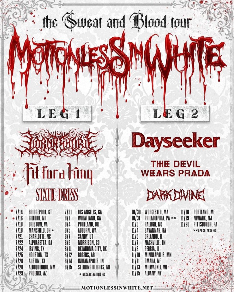 MOTIONLESS IN WHITE  - the Sweat and Blood tour - Leg 1 & 2 US 2026 Setlist Playlist